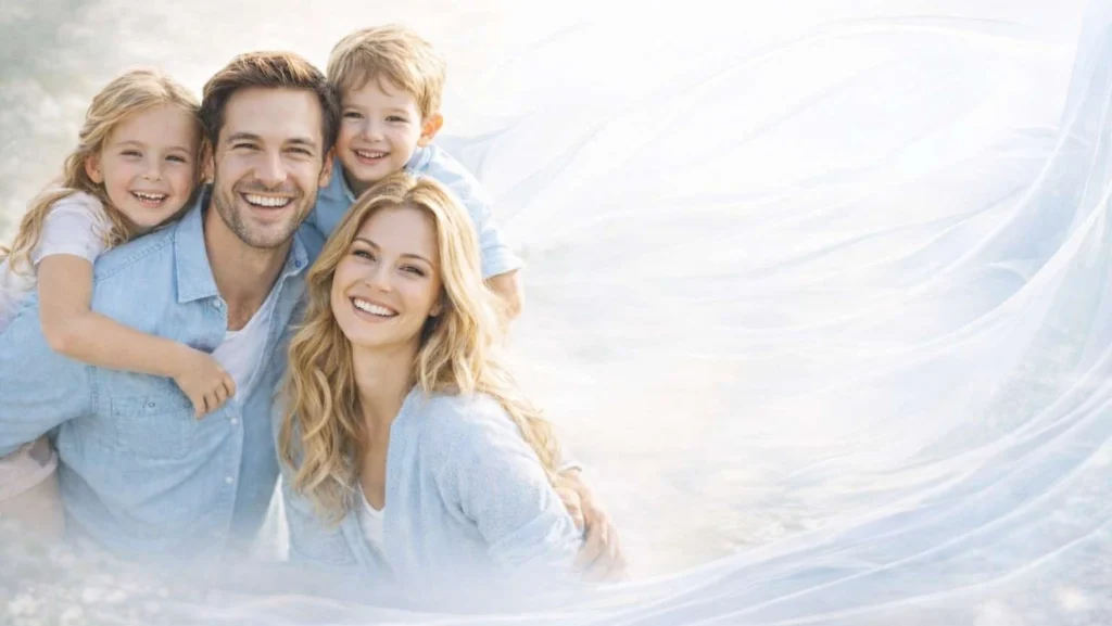 Una familia sonriente: padre, madre y dos niños
