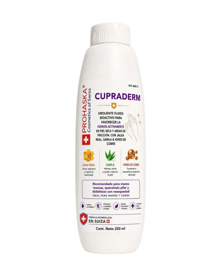 Envase blanco de Cupraderm, emoliente fluido con jalea real, de 250 ml