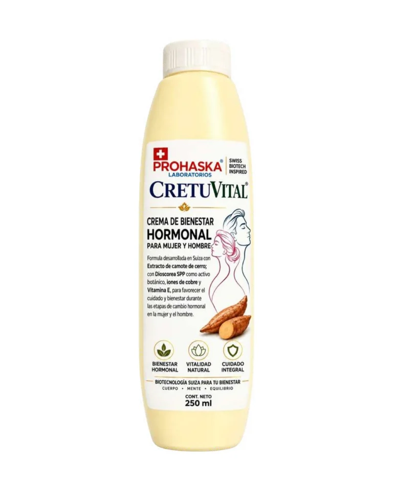 Envase amarillo claro de Cretuvital, crema con extracto de camote de cerro, de 250 ml