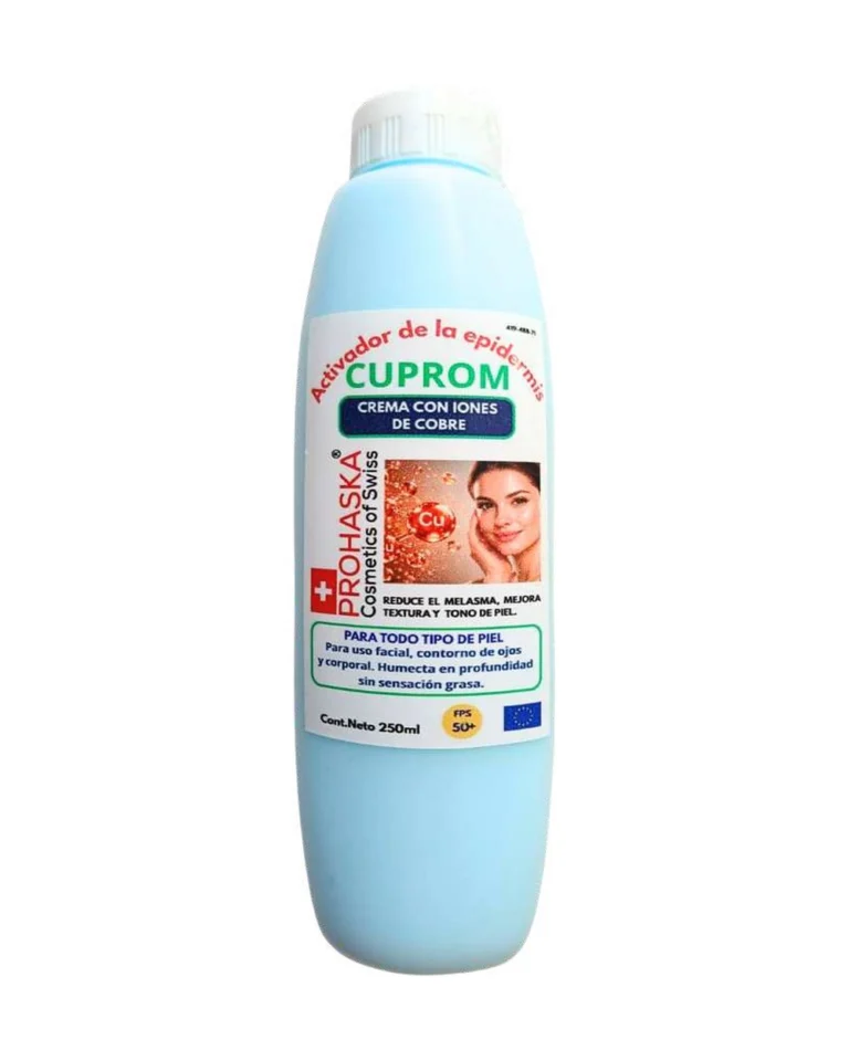 Envase azul claro de Cuprom, crema con iones de cobre, de 250 ml