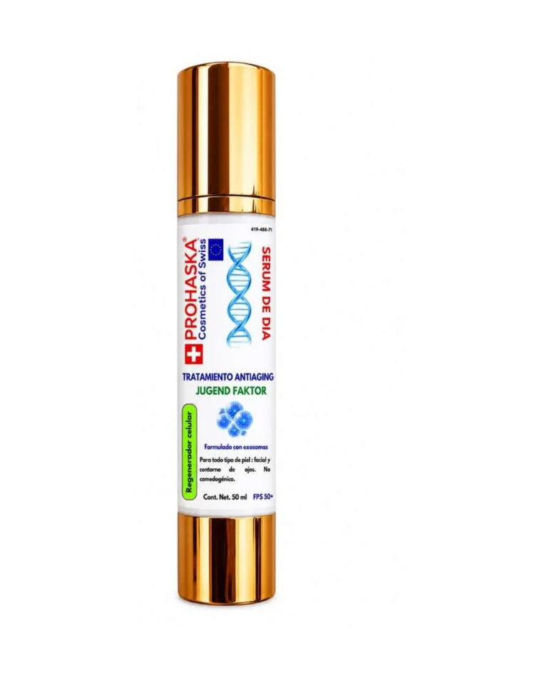 Envase dorado con dosificador de Jugend Faktor, sérum de día, de 50 ml