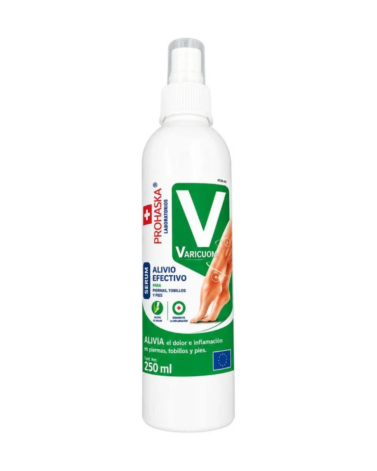 Envase blanco y verde con atomizador de Varicuom, de 250 ml